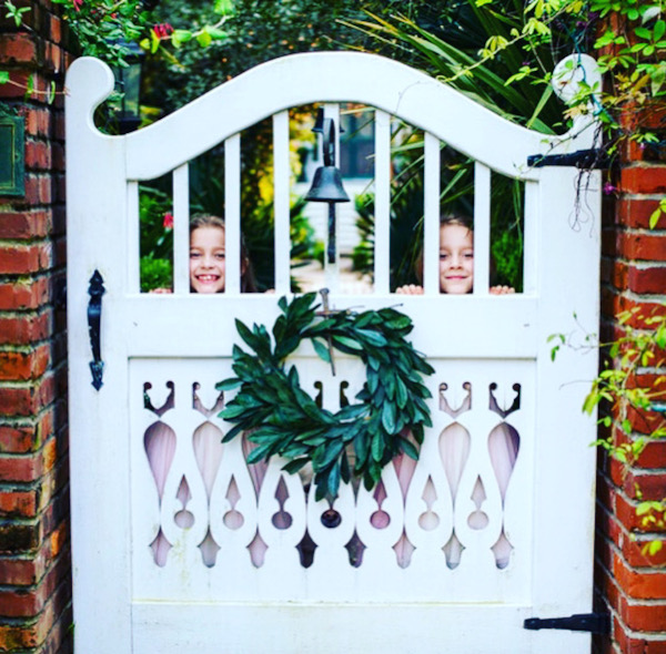 Fluds peaking through wooden white entrance gate door.